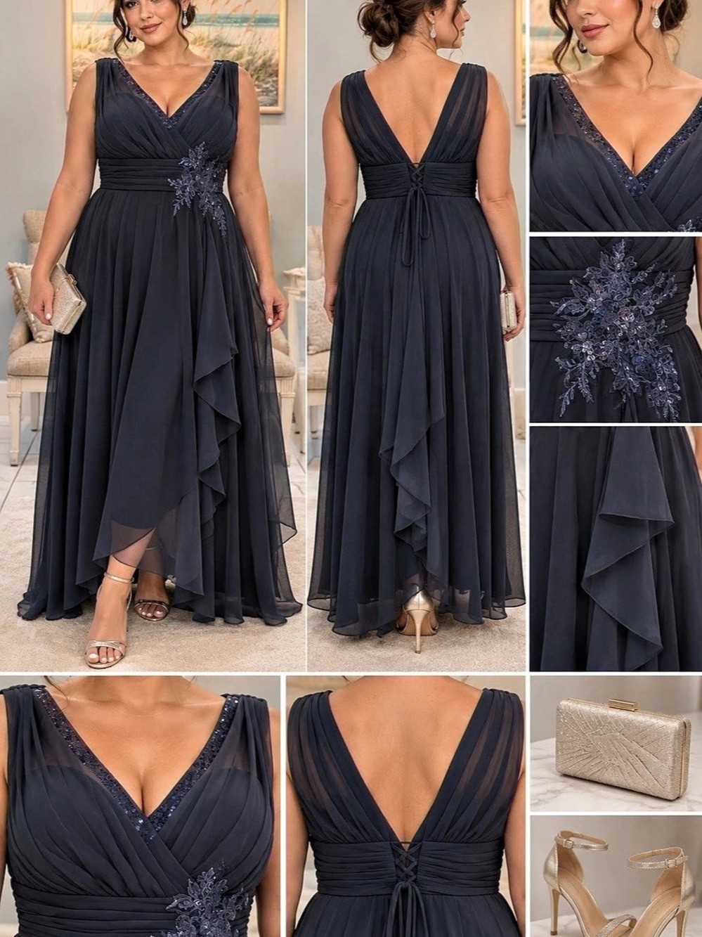 Chuanghuizhuang Maxi V-Neck Dress in Blue, Medium